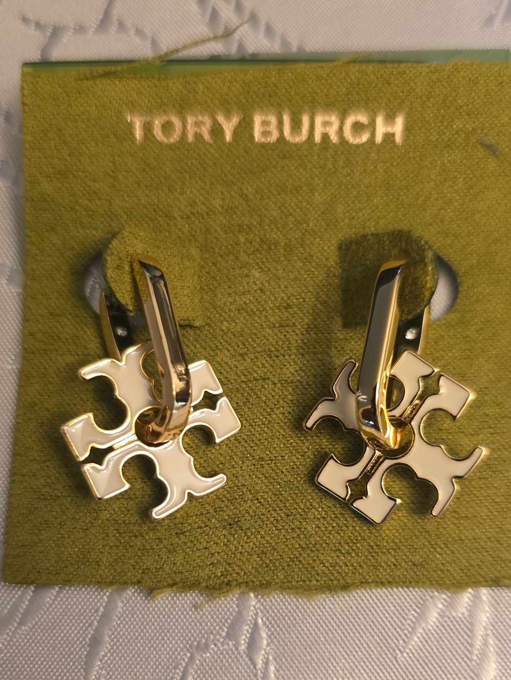 Tory Burch Gold and Cream Enamel Logo Cuff Links